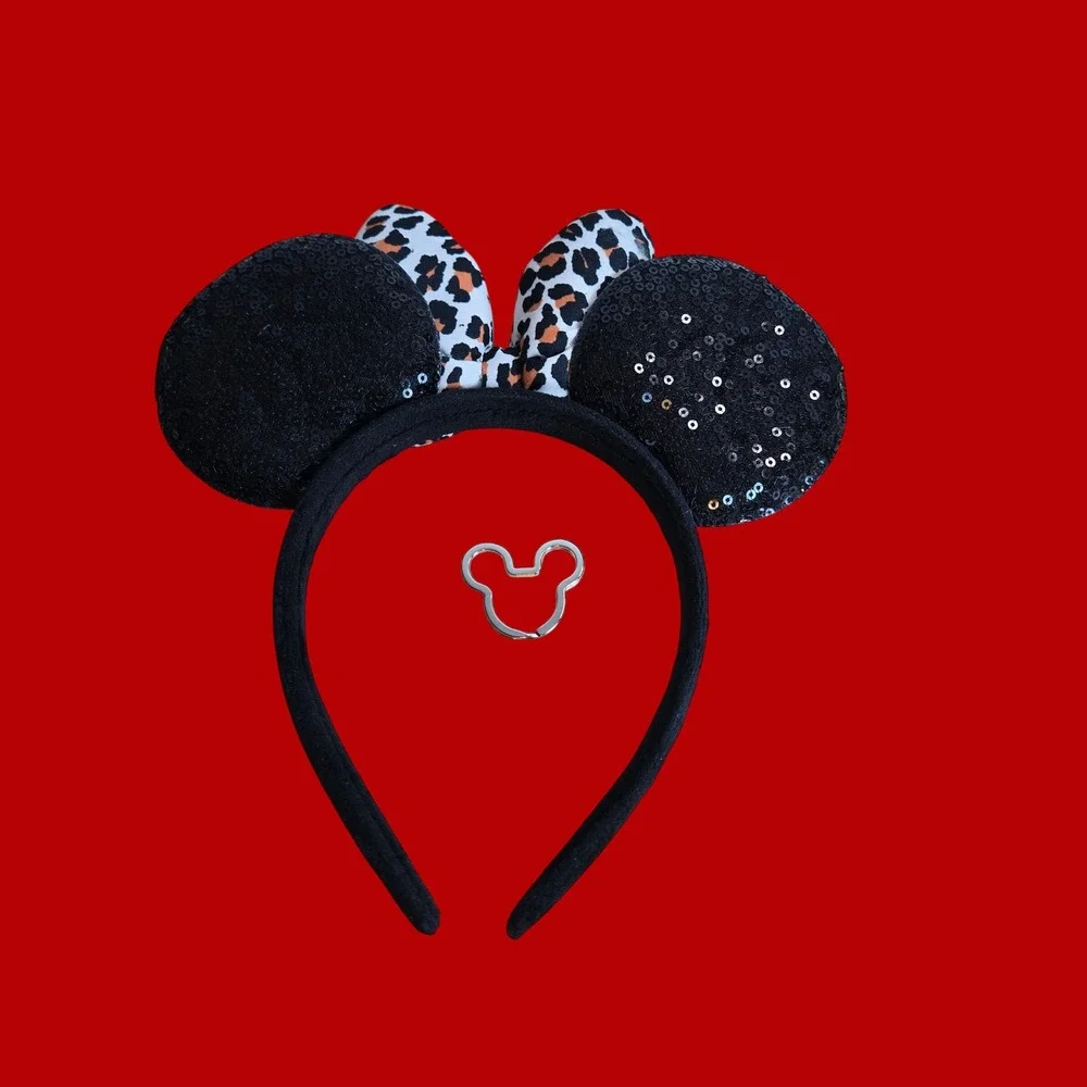 Minnie Mouse Sequin Ears Headband Leopard Print Bow Black Animal Safari